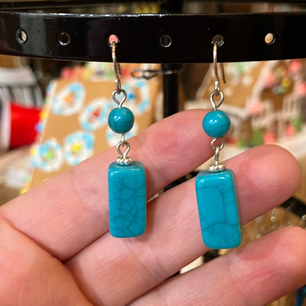Faux Turquoise Dangle Earrings Silver tone Hooks